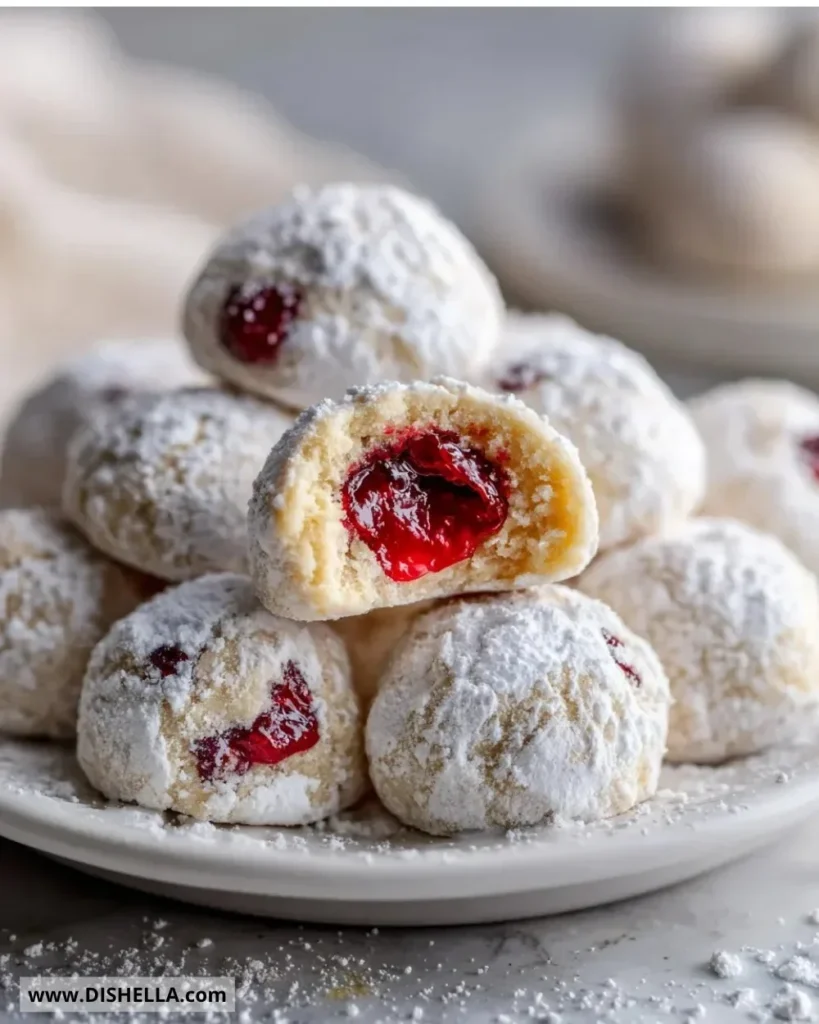 Plate of Cherry Snowball Cookies dusted with powdered sugar