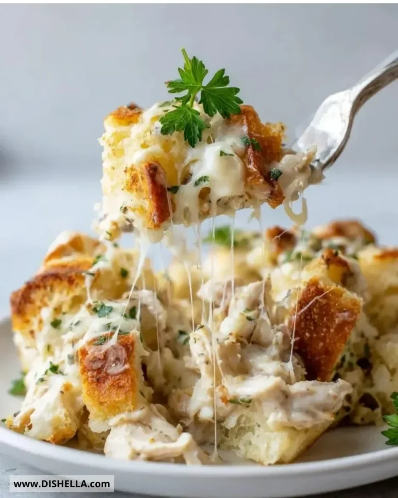 Delicious Chicken Alfredo Stuffing Casserole baked and ready to serve