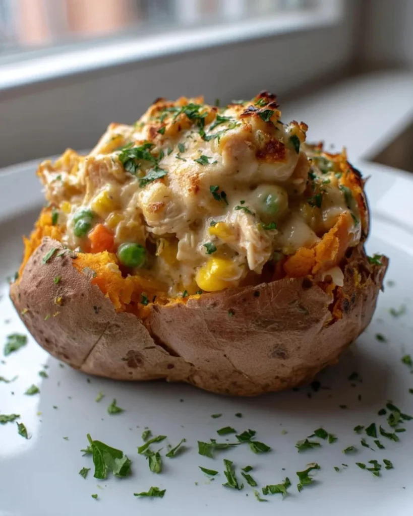 Delicious Chicken Pot Pie with Sweet Potatoes served in a rustic dish