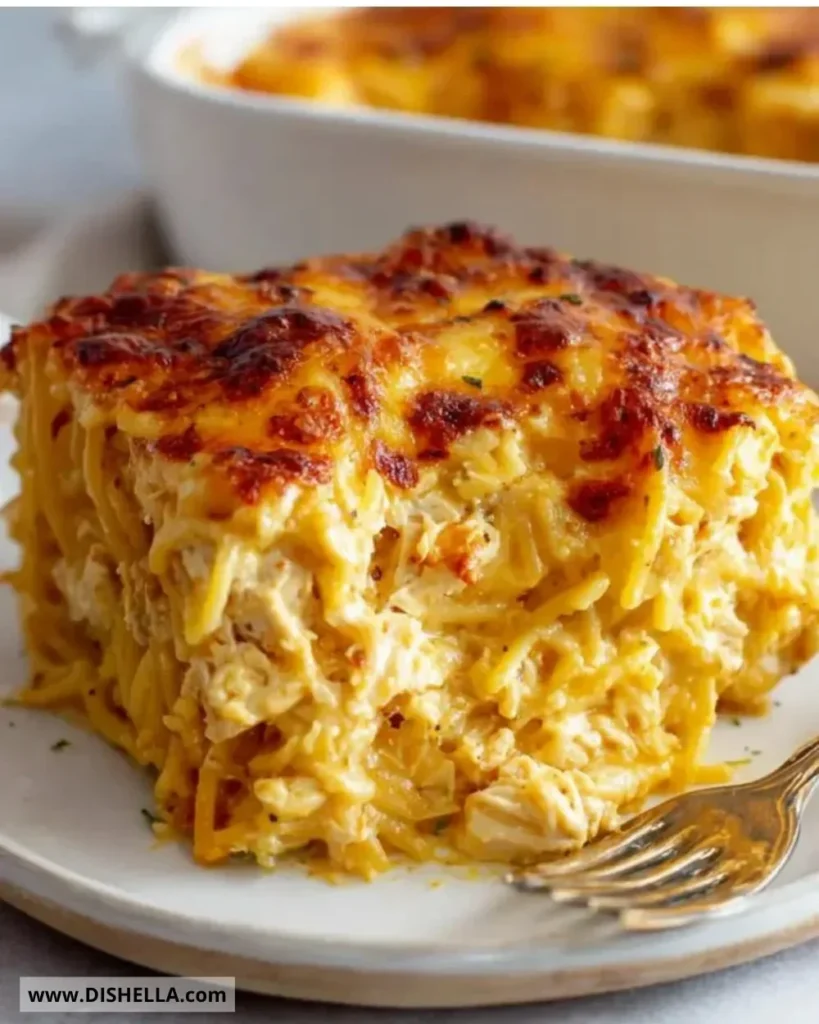 Delicious Chicken Spaghetti Bake served in a casserole dish with cheese and herbs