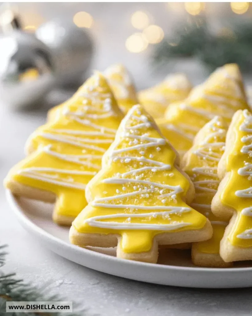 Festive Christmas Lemon Tree Cookies adorned with icing and sprinkles