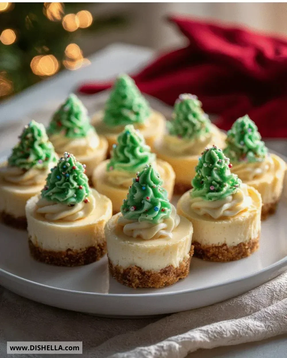 Delicious Christmas mini tree cheesecakes decorated with icing and sprinkles