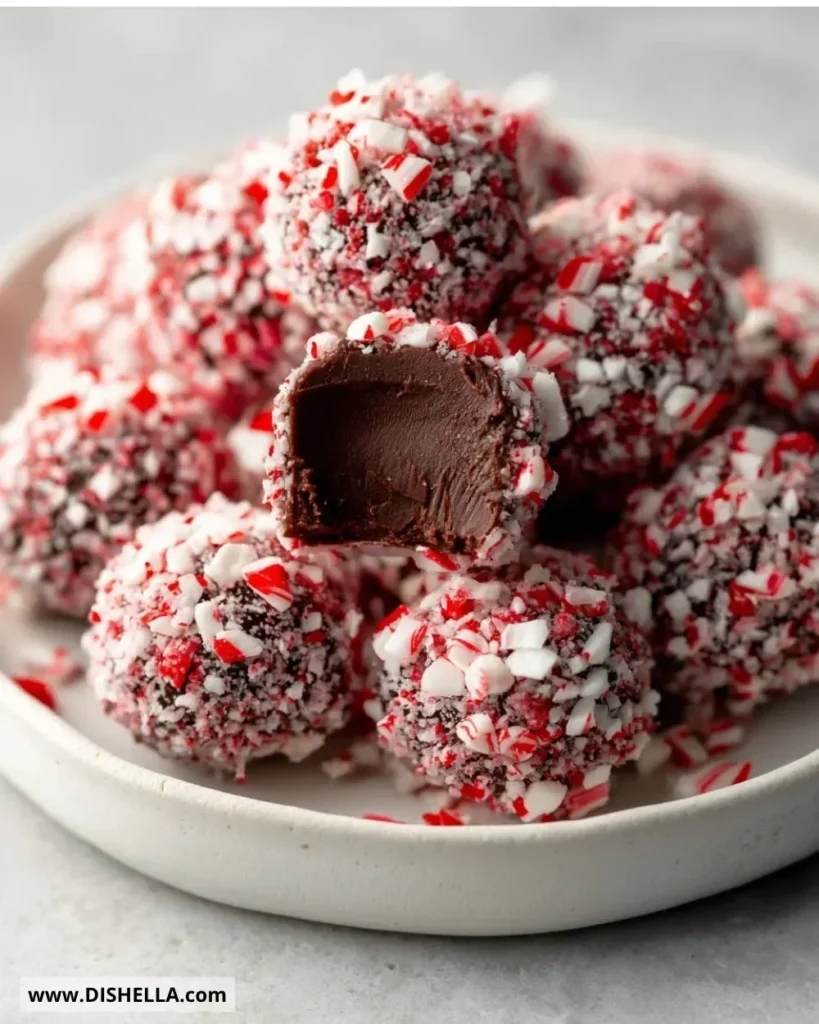 Homemade Christmas peppermint truffles decorated with festive peppermint pieces