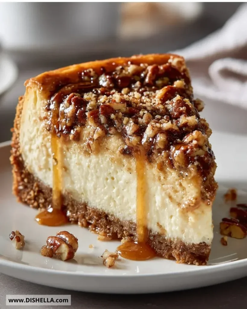 Delicious Cinnamon Pecan Pie Cheesecake topped with pecans and cinnamon