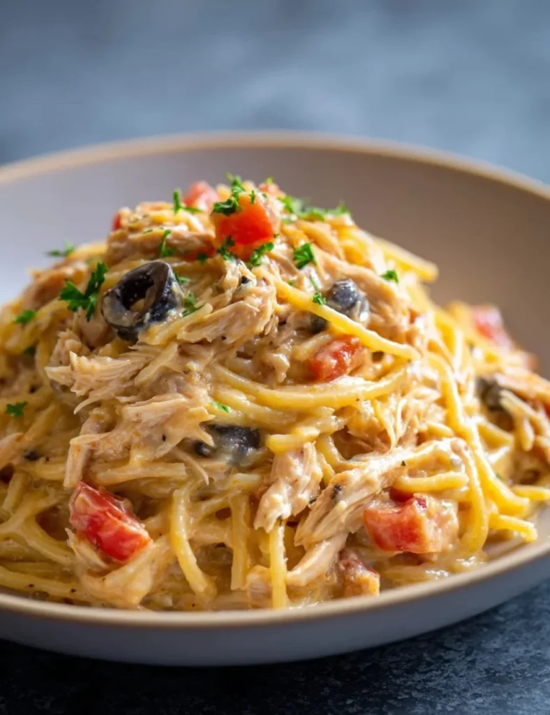 Classic Crockpot Chicken Spaghetti served in a bowl with garnishes