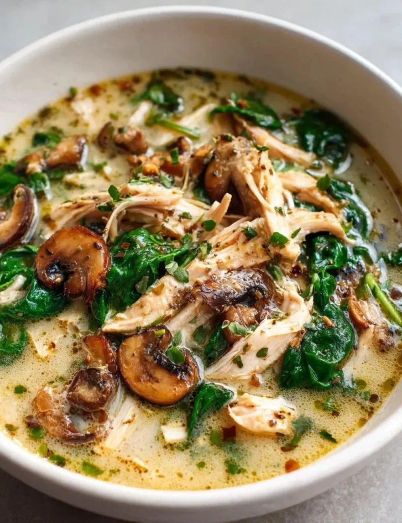 Delicious clean chicken mushroom soup served in a bowl with fresh herbs