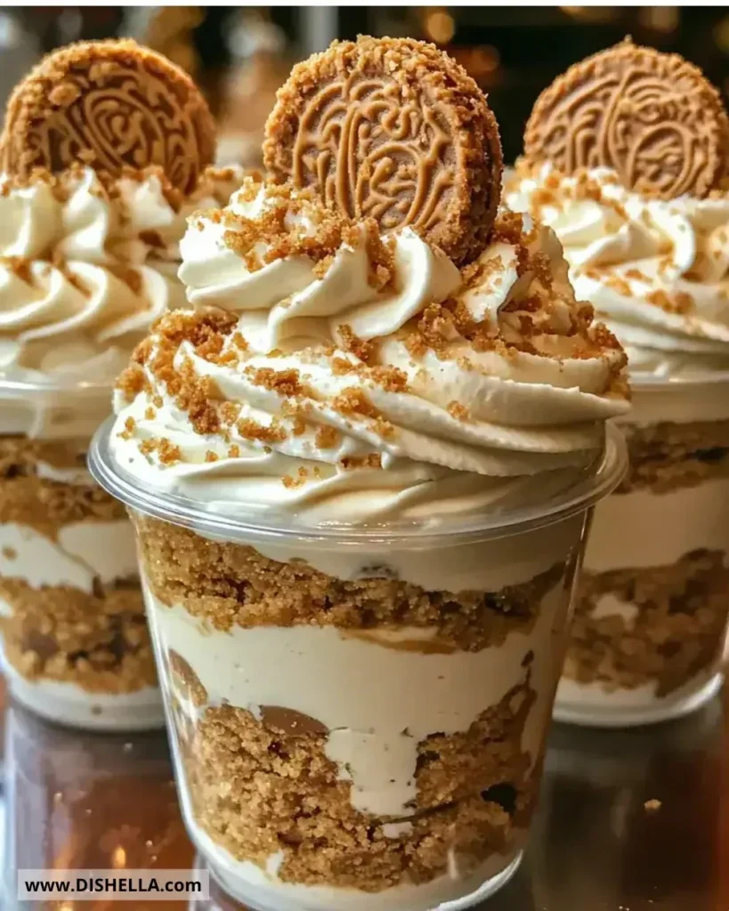 Delicious cookie butter cheesecake cups topped with cookie crumbles.