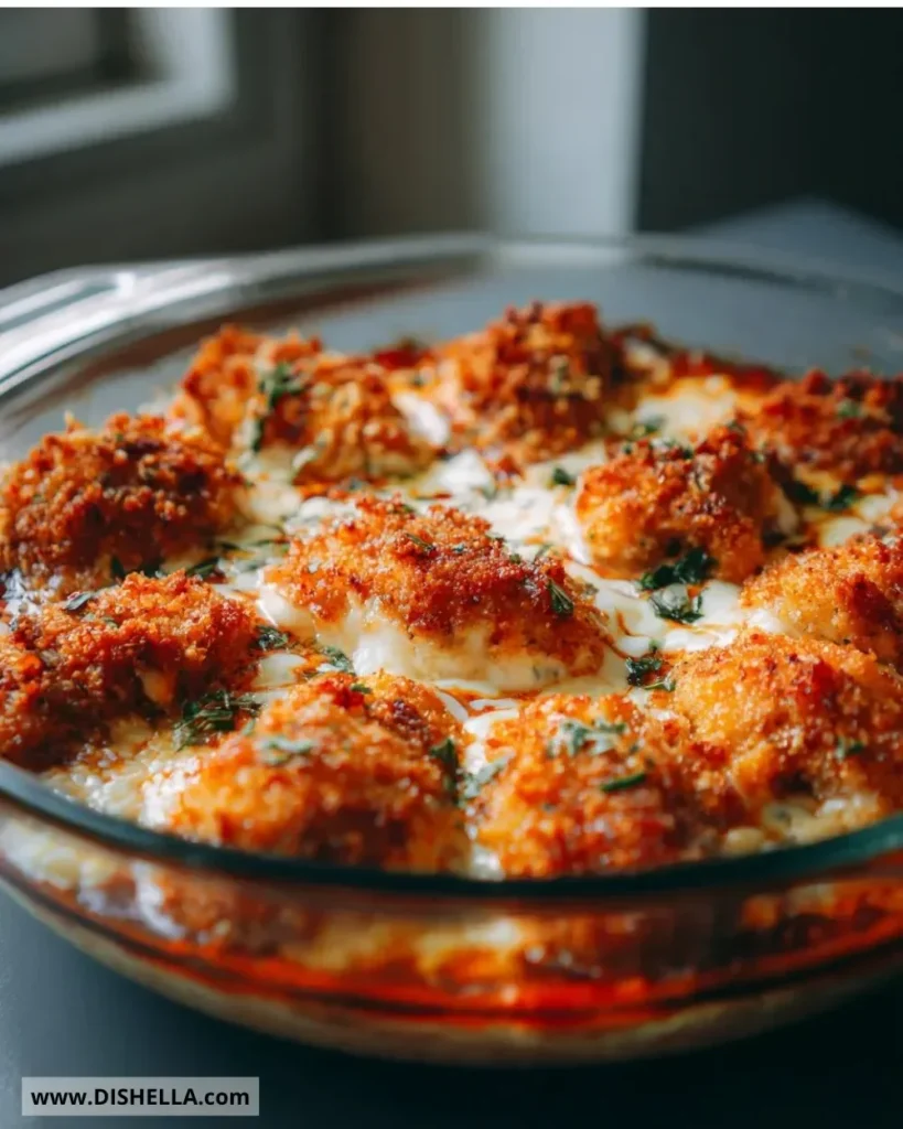Cottage Cheese Chicken Parmesan Bowl topped with fresh basil and cheese