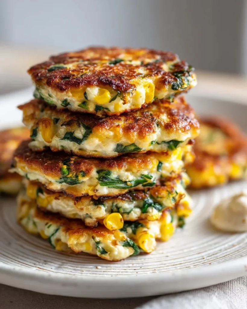 Plate of delicious Cottage Cheese Fritters with spinach and corn