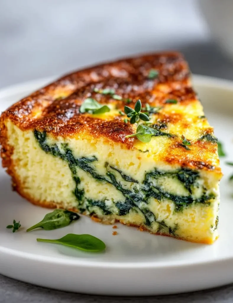 Cottage Cheese & Spinach Crustless Quiche served on a plate with fresh herbs