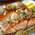 Crab and shrimp stuffed salmon fillet garnished with herbs
