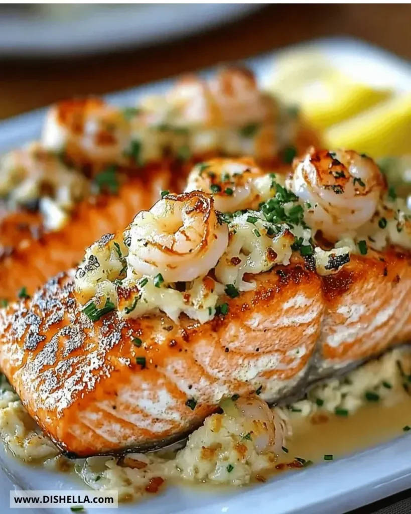 Crab and shrimp stuffed salmon fillet garnished with herbs