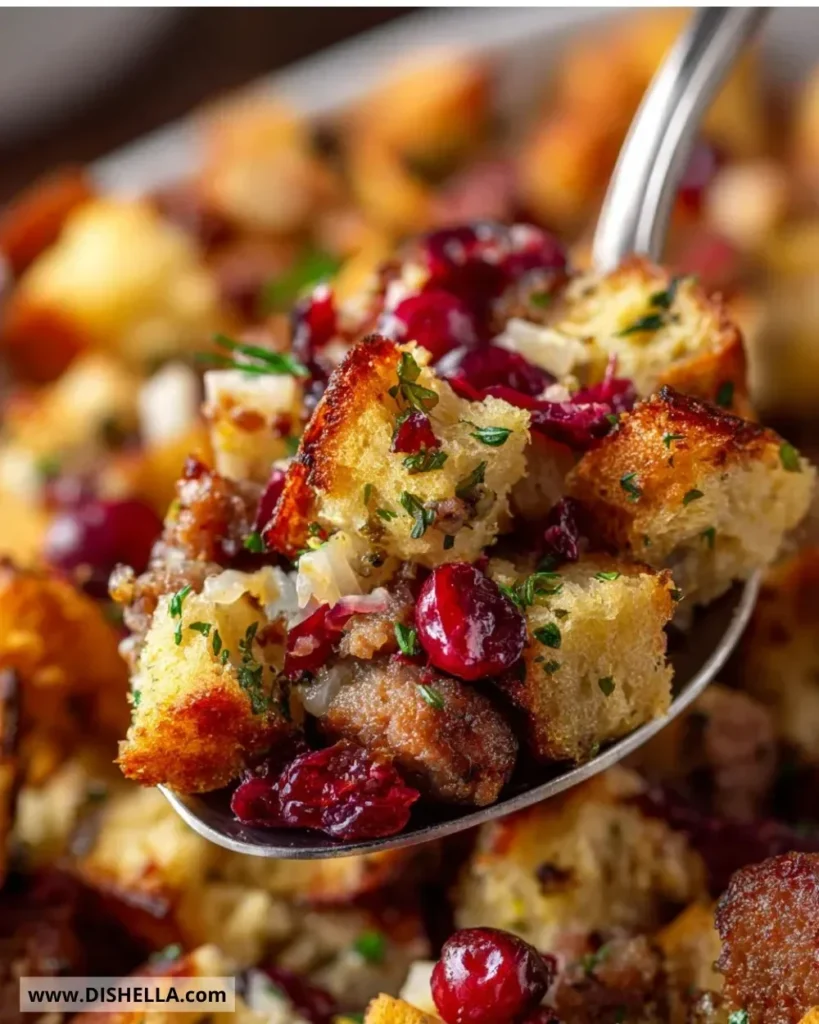 Cranberry Apple Sausage Stuffing ready for Thanksgiving dinner.