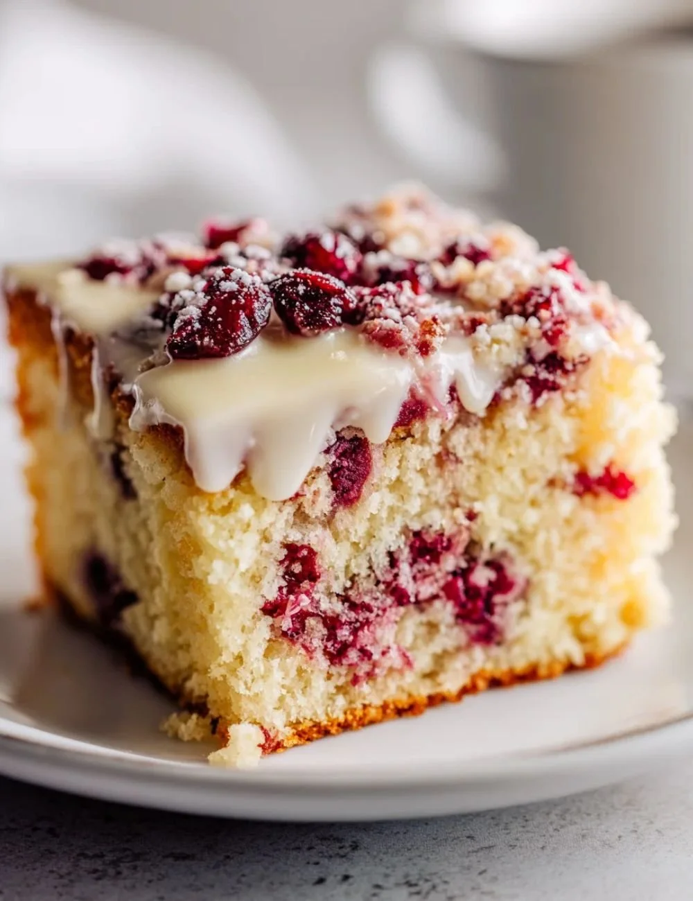 Cranberry Bliss Coffee Cake topped with cream and cranberries on a plate