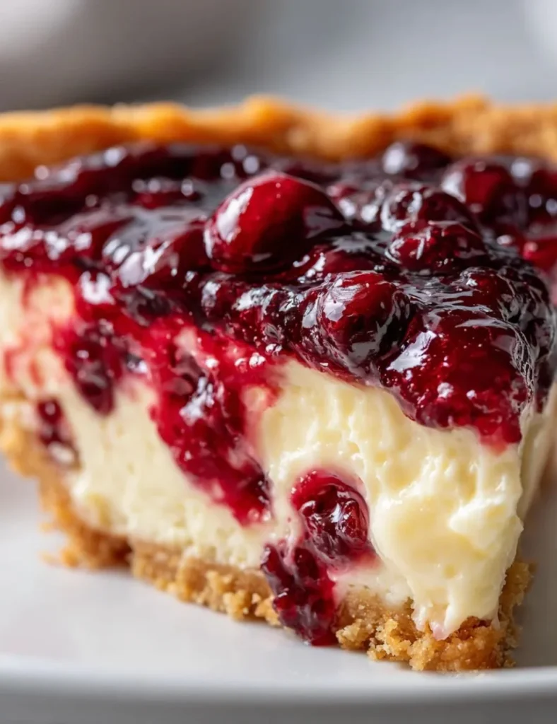 A slice of Cranberry Custard Pie topped with whipped cream on a decorative plate.
