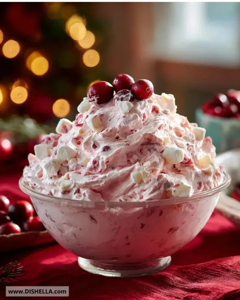 Cranberry Fluff dessert served in a bowl, garnished with mint leaves.