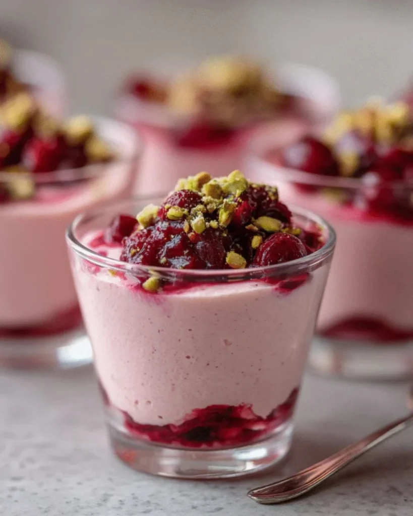 Cranberry Mascarpone Mousse Cups garnished with fresh berries