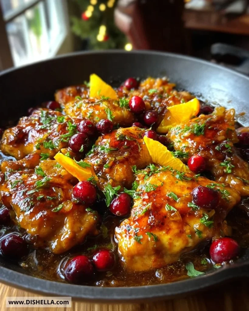 Delicious Cranberry Orange Chicken served with fresh herbs