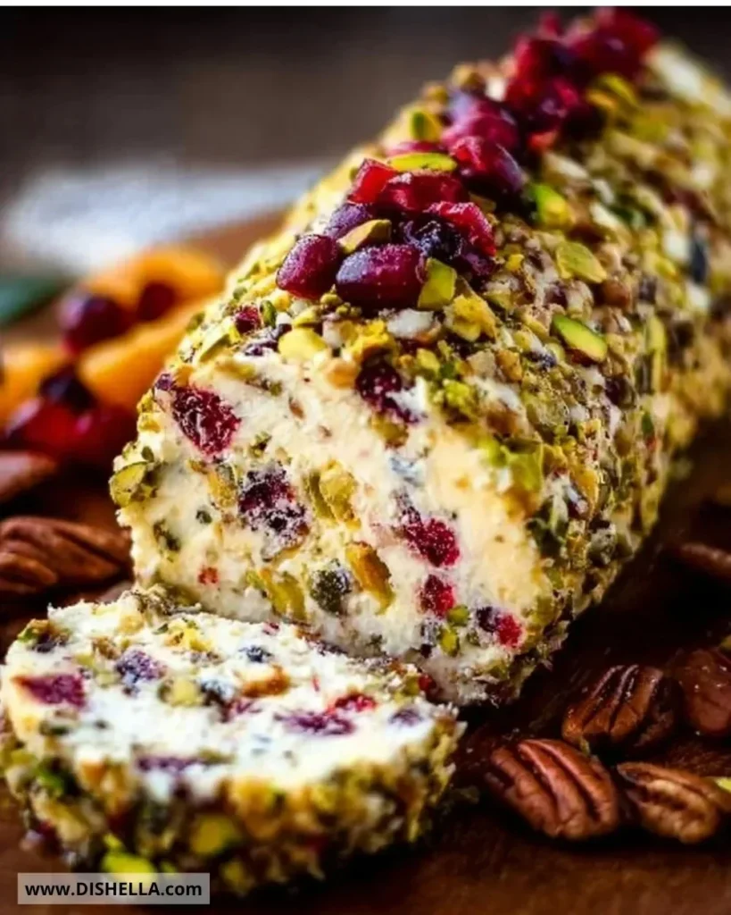Cranberry Pistachio Cheese Log served on a platter with herbs and crackers.