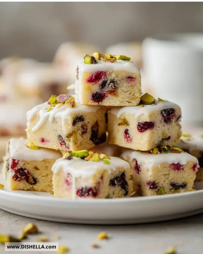 Homemade cranberry pistachio shortbread cookies arranged on a plate