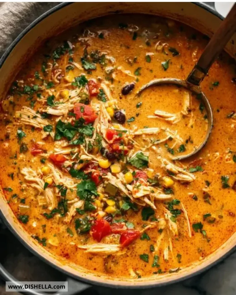 Bowl of creamy chicken tortilla soup topped with tortilla strips and fresh cilantro