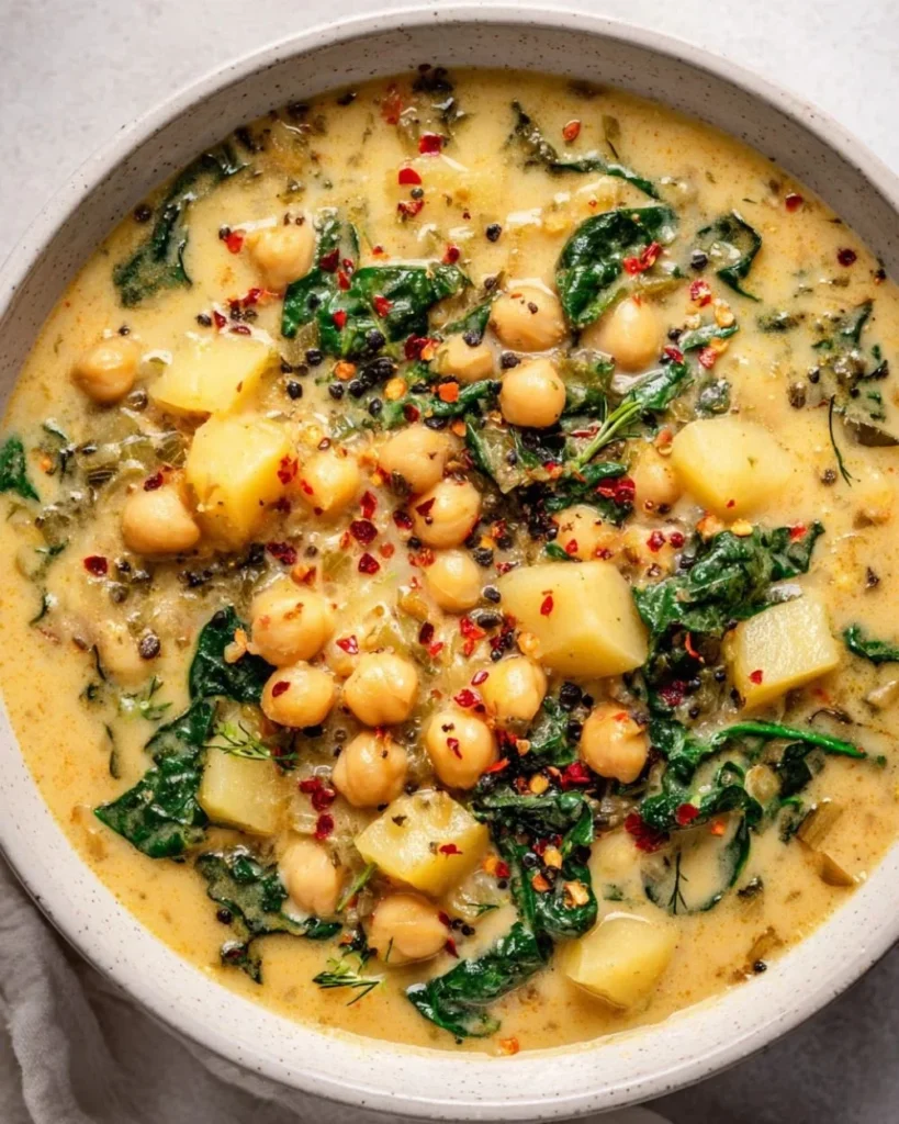 Bowl of creamy chickpea soup garnished with herbs and served with crusty bread.