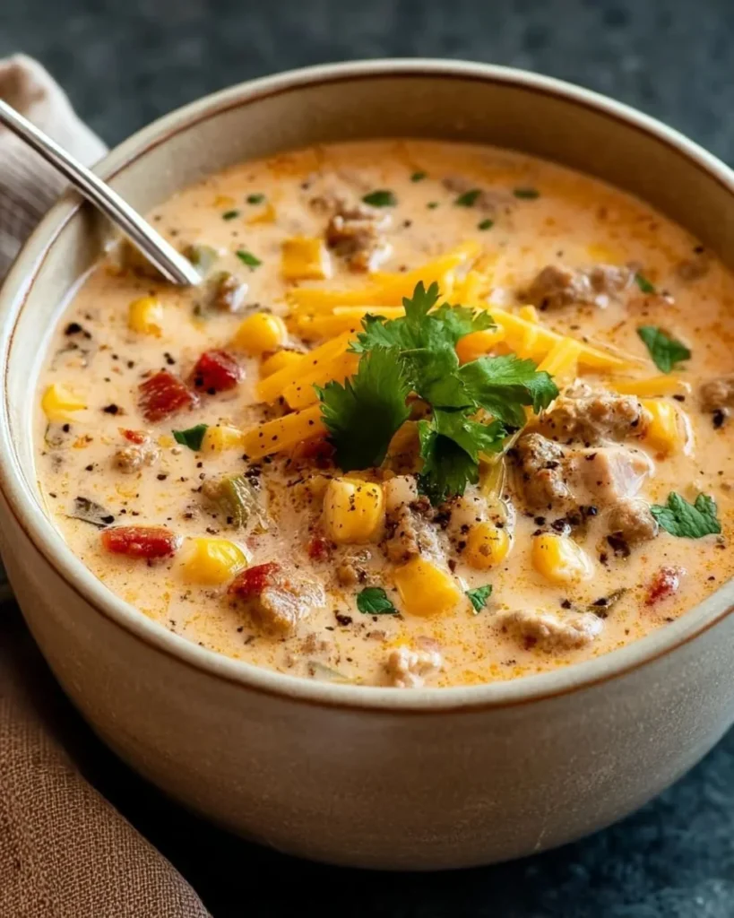 A bowl of creamy cowboy soup filled with vegetables and beans, showcasing a hearty meal.