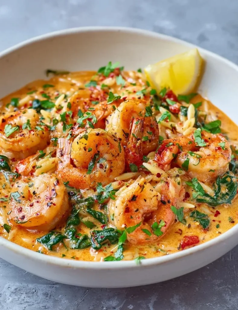Creamy garlic-paprika shrimp skillet garnished with fresh herbs on a rustic table
