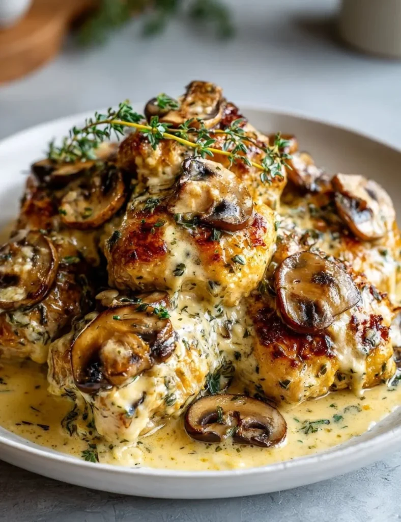 Delicious creamy mushroom Asiago chicken plated with herbs and spices