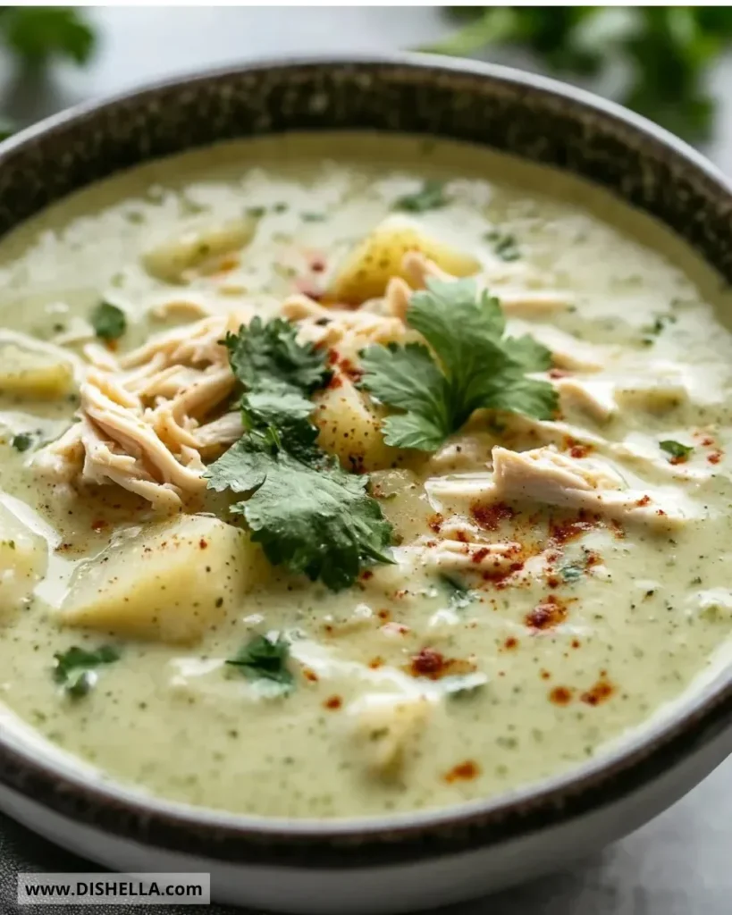 Creamy roasted poblano soup served in a bowl, garnished with cilantro.