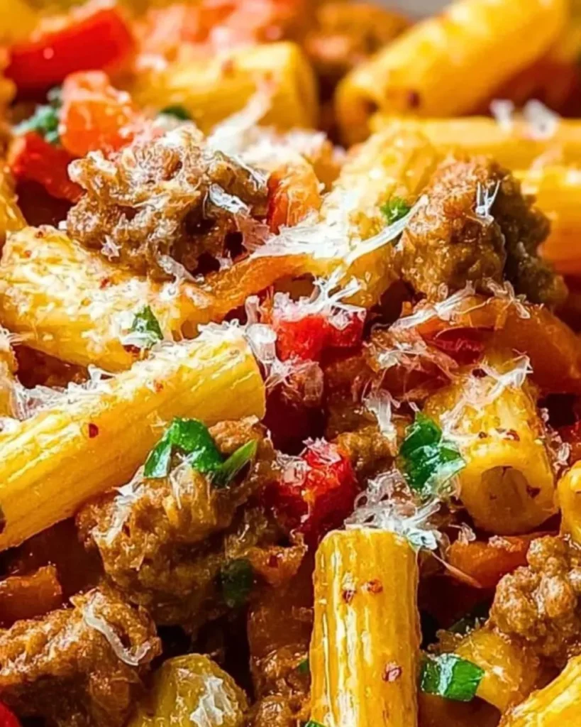 Delicious creamy sausage and peppers pasta served in a bowl