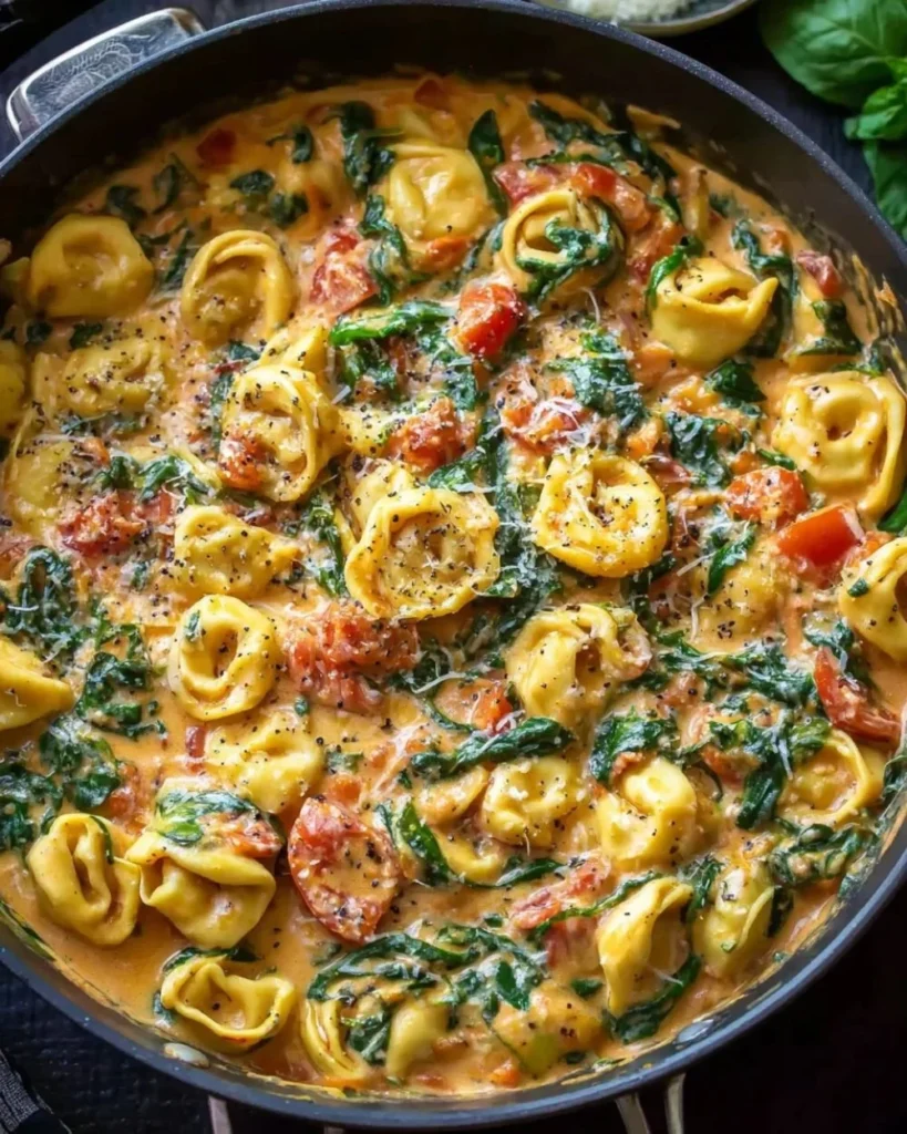 Creamy spinach tomato tortellini dish served in a bowl