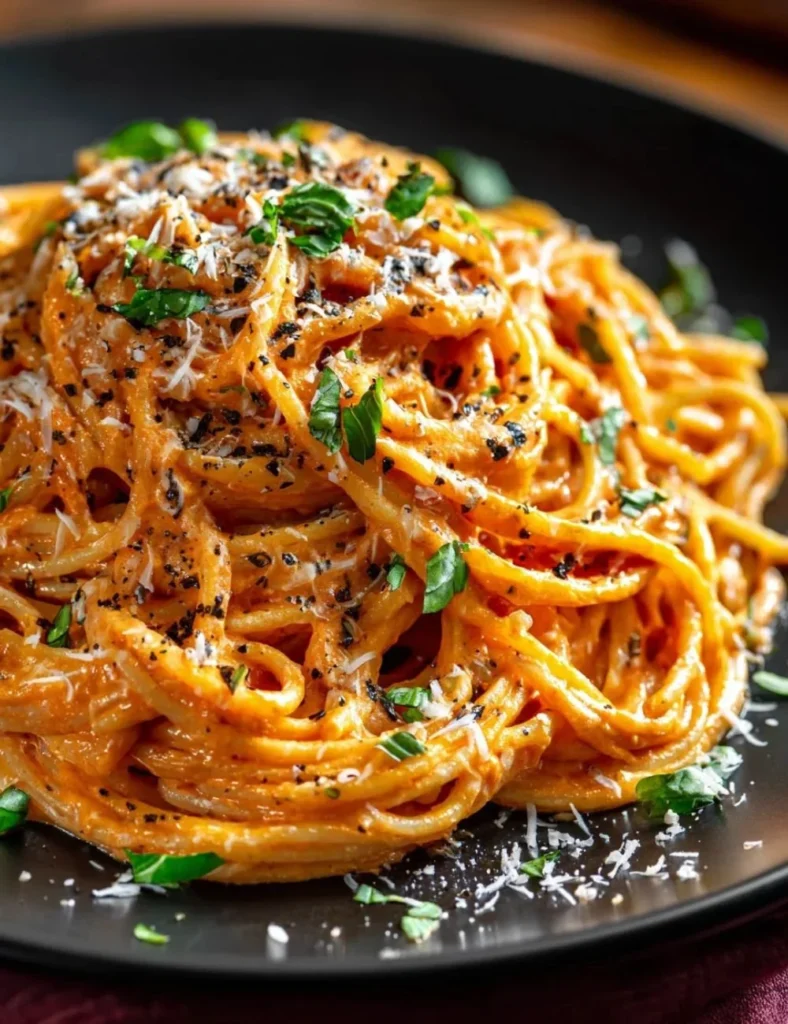 Creamy tomato garlic pasta served in a bowl with basil garnish