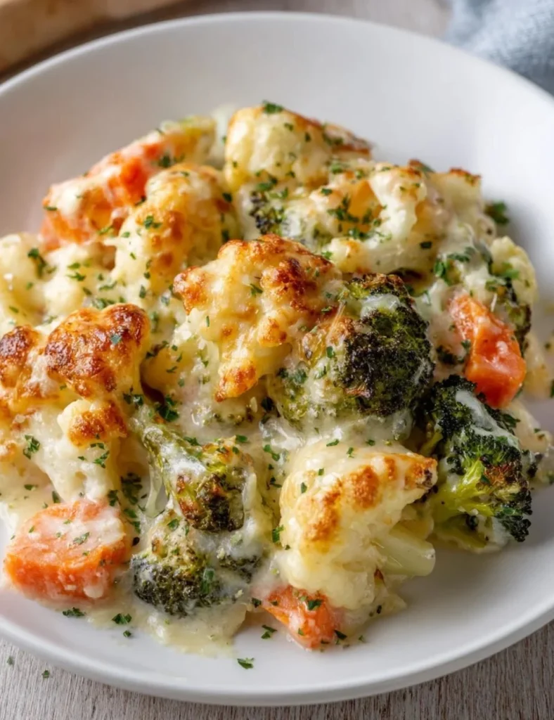 Creamy winter vegetable casserole filled with seasonal vegetables and a rich sauce.