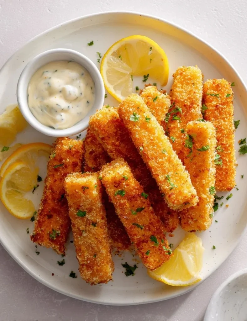 Crispy baked fish sticks served with a side of homemade tartar sauce