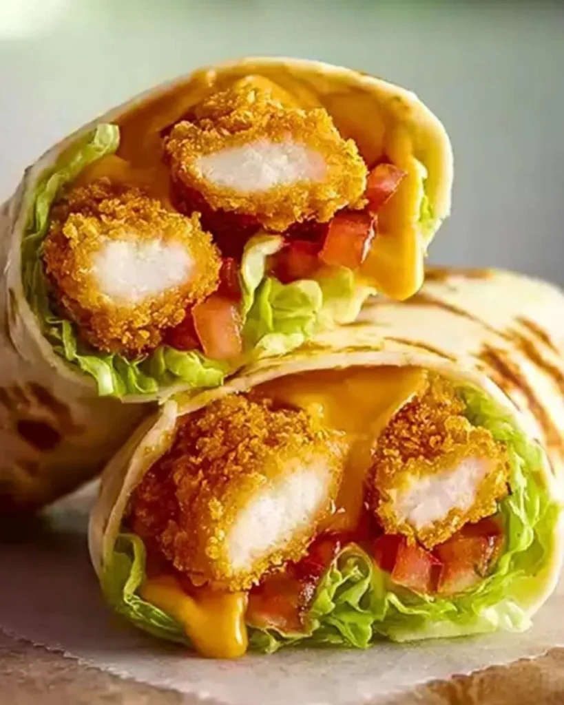 Crispy chicken nugget wraps served with dipping sauces on a plate