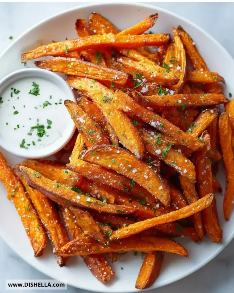 Crispy oven baked sweet potato fries served on a plate