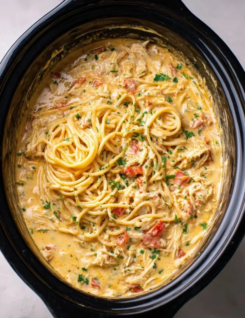 Bowl of crock pot cheesy chicken spaghetti with melted cheese and chicken pieces