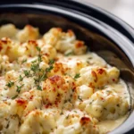 Crockpot Cheesy Cauliflower Bake topped with melted cheese and herbs