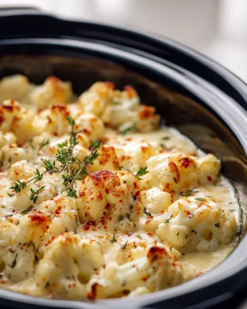Crockpot Cheesy Cauliflower Bake topped with melted cheese and herbs
