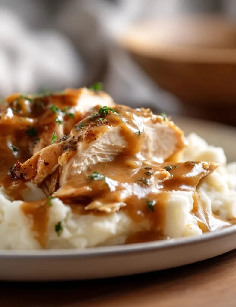 Crockpot Chicken and Gravy served on a plate with sides