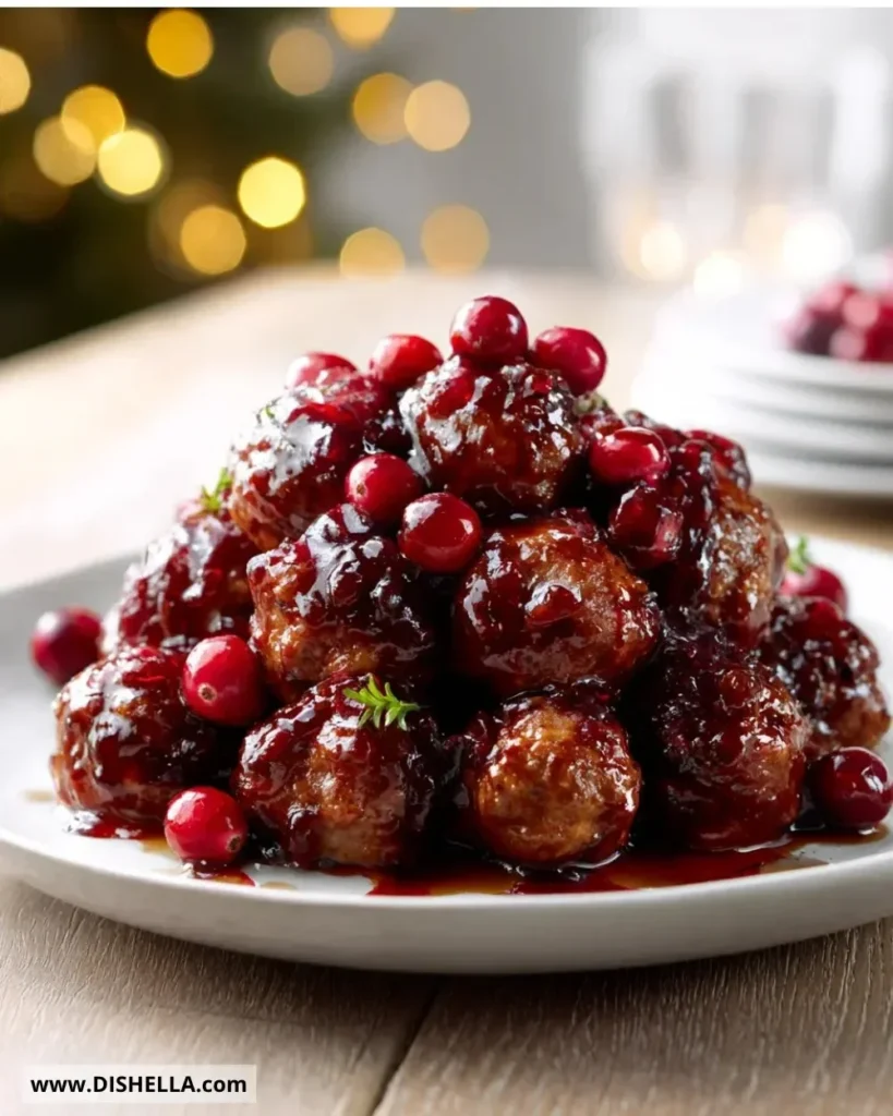 Crockpot Cranberry Chili Meatballs in a serving dish, garnished with herbs