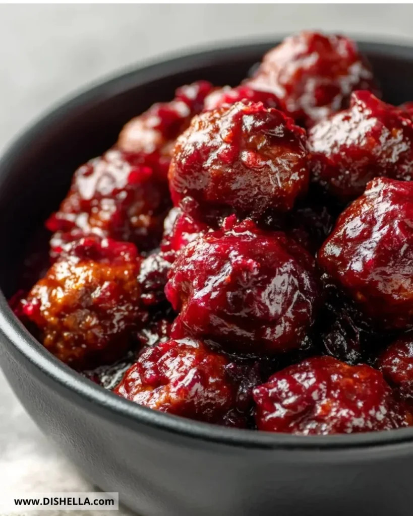 Crockpot Cranberry Chili Meatballs served in a bowl with herbs.