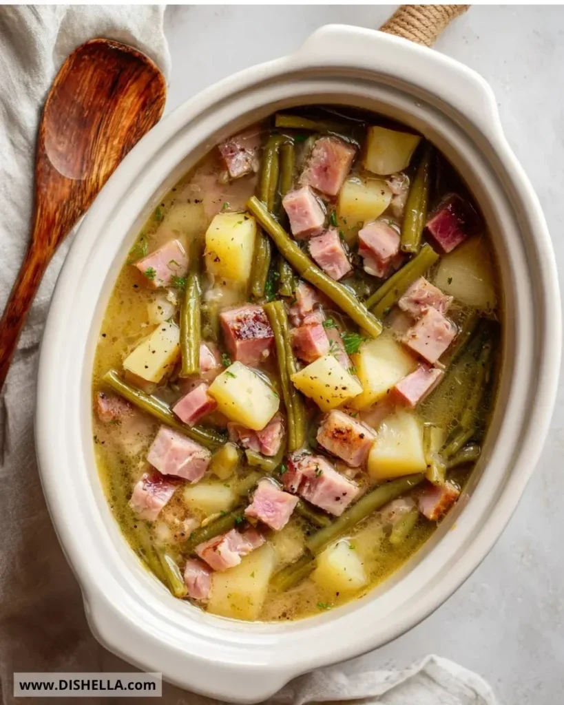 Crockpot Ham served with green beans and potatoes on a plate.