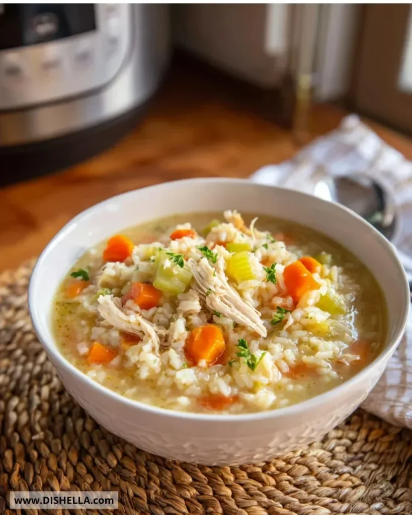 Crockpot turkey and rice soup in a bowl with herbs and spices.