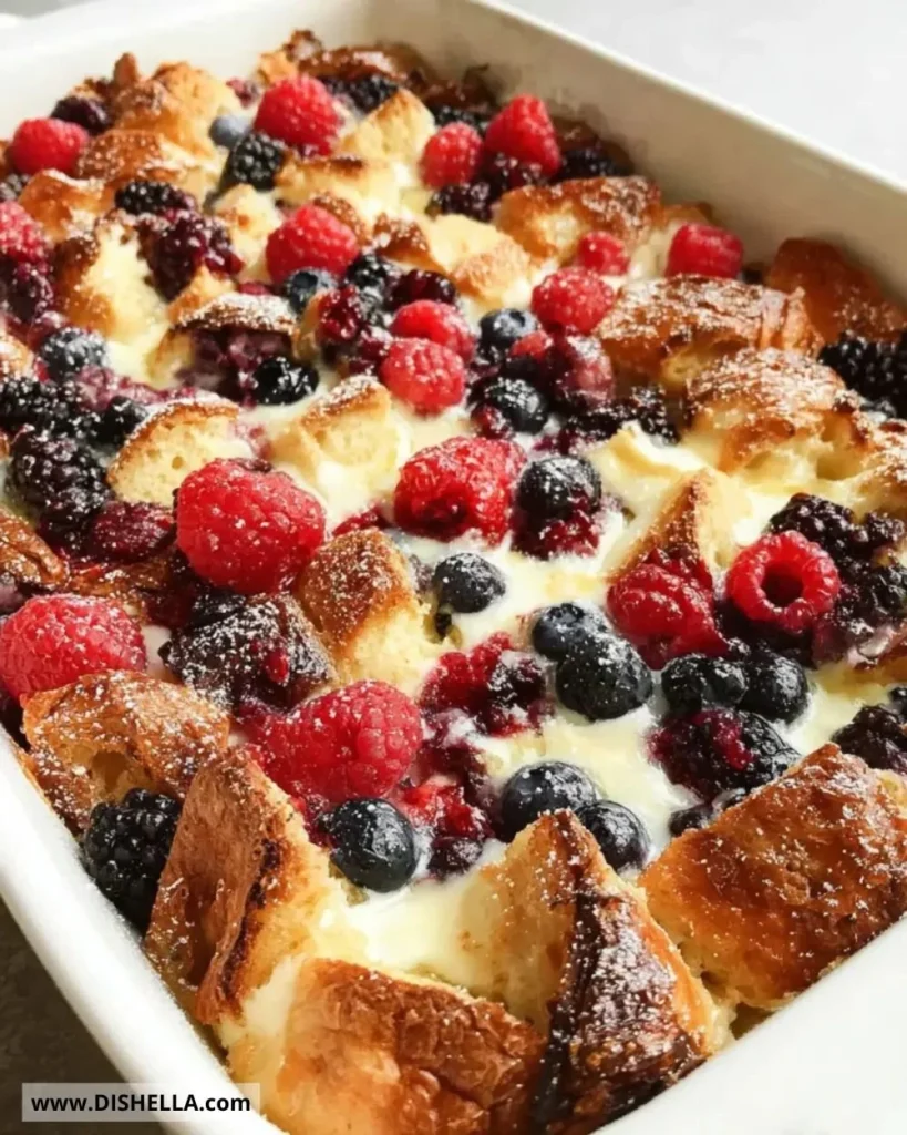 Delicious croissant breakfast casserole served in a baking dish