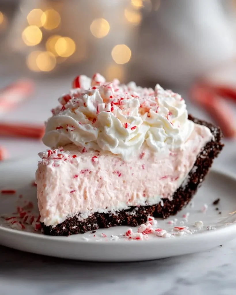 Slice of dreamy Christmas peppermint pie with whipped cream and peppermint sprinkles