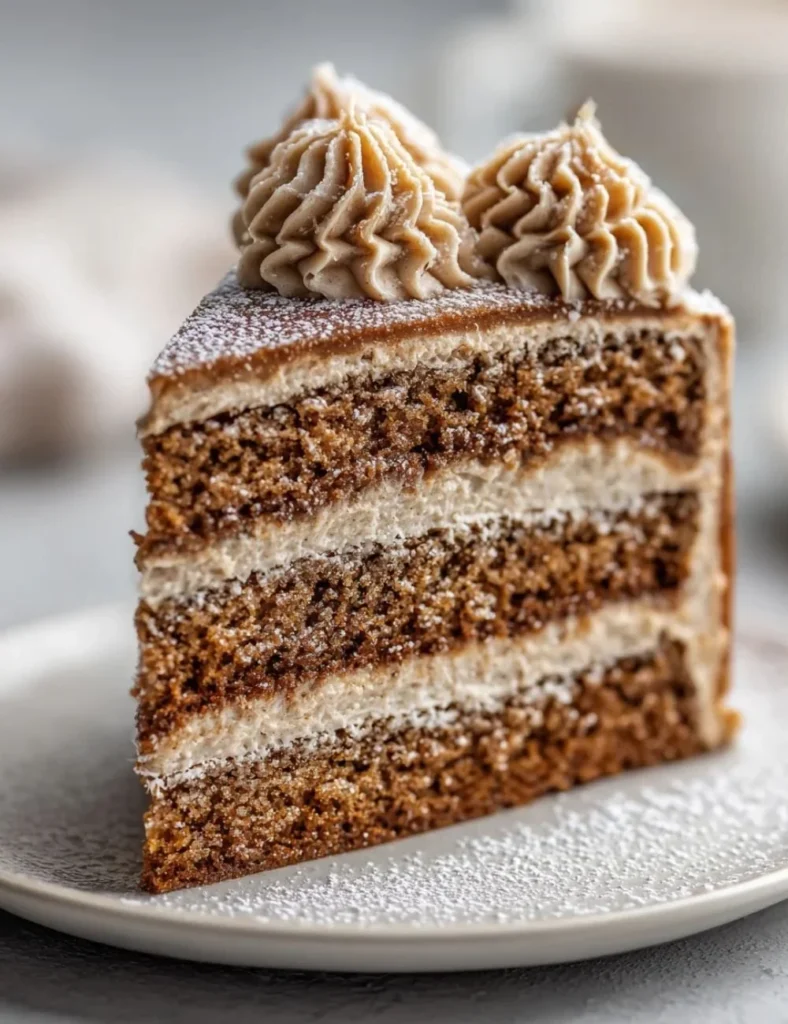 Delicious juniper gingerbread cake with cinnamon molasses frosting served on a plate