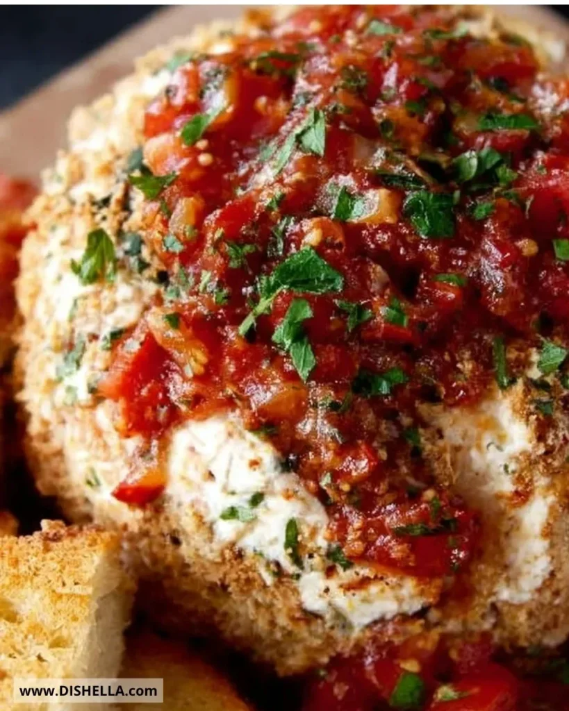 Delicious easy bruschetta cheese ball served with crackers and fresh basil.