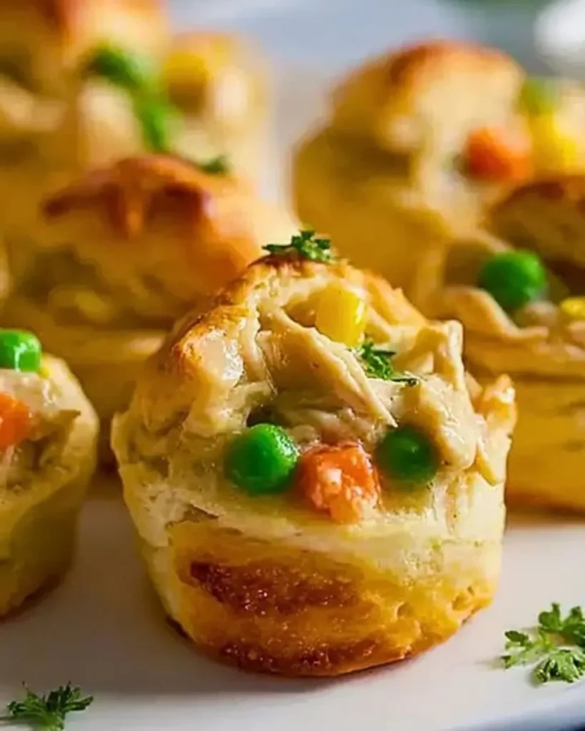 Delicious chicken pot pie bites with biscuits, perfect for snacks or appetizers.